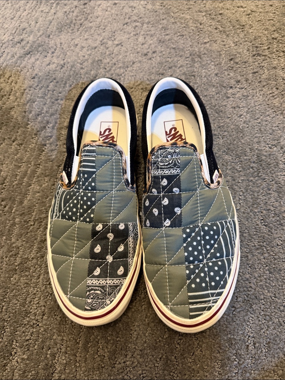 Vans Quilted Bandana Patchwork Slip-On Sneakers - Olive Green & Black